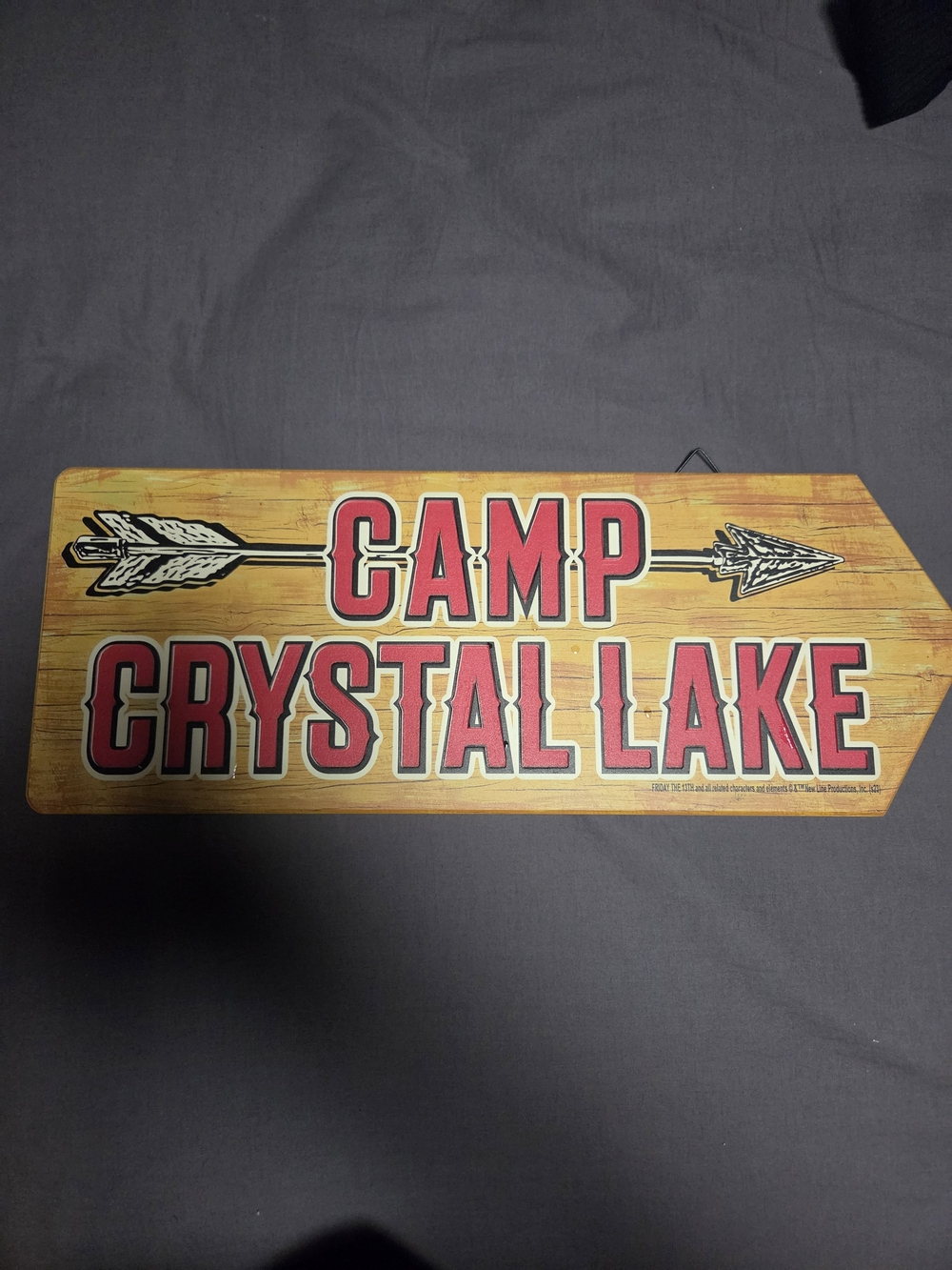 Camp Crystal Lake Wooden Arrow Sign - Yellow and Red